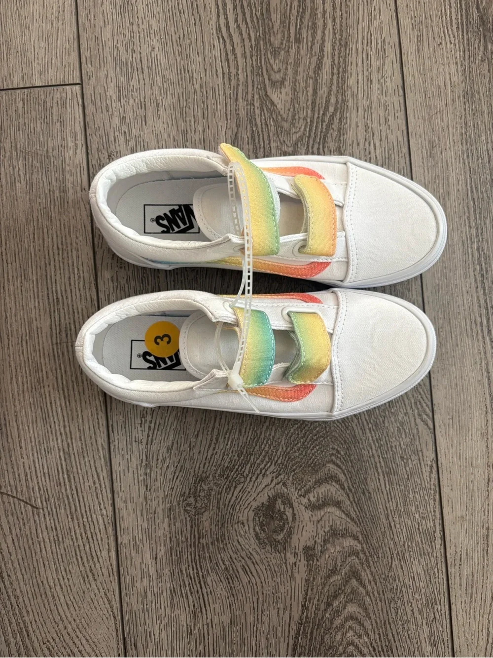 Vans Kids White Canvas Sneakers with Rainbow Gradient Straps NWOT